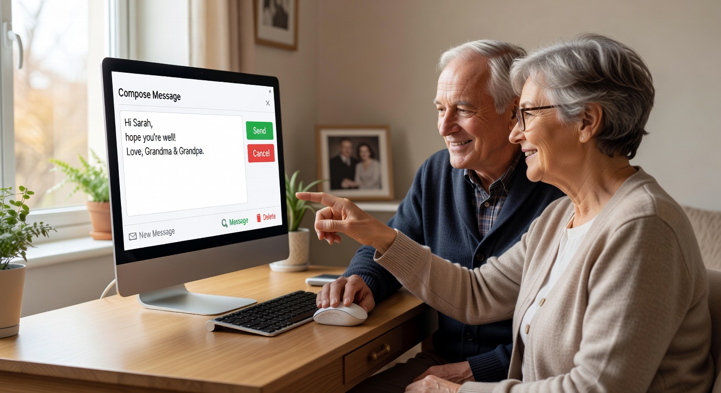 高齢のご夫婦がスマートフォンでメッセージを送り合っている様子