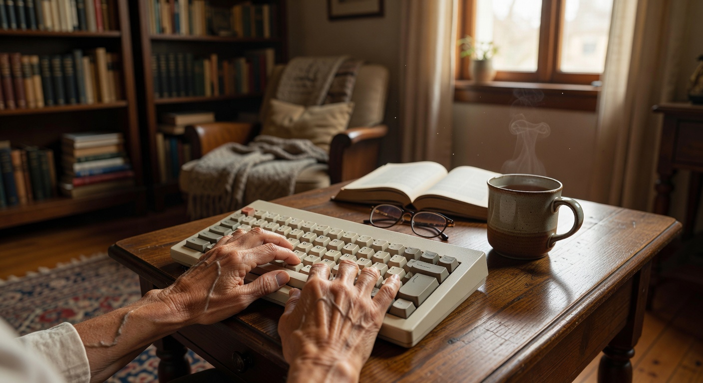 自宅でゆったりとタイピングを練習するシニアの方
