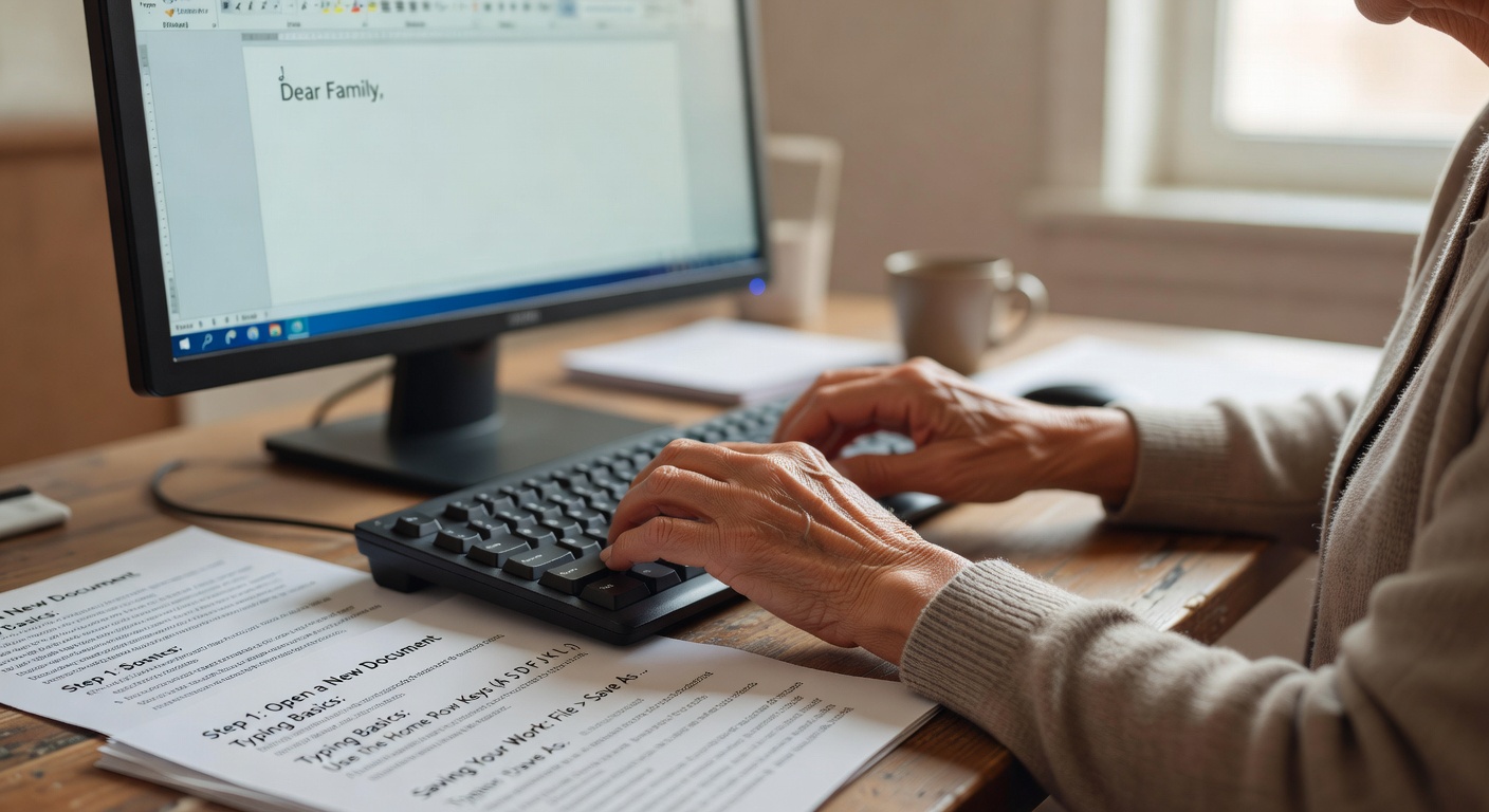 高齢者がWordでタイピングして文書を作成している様子