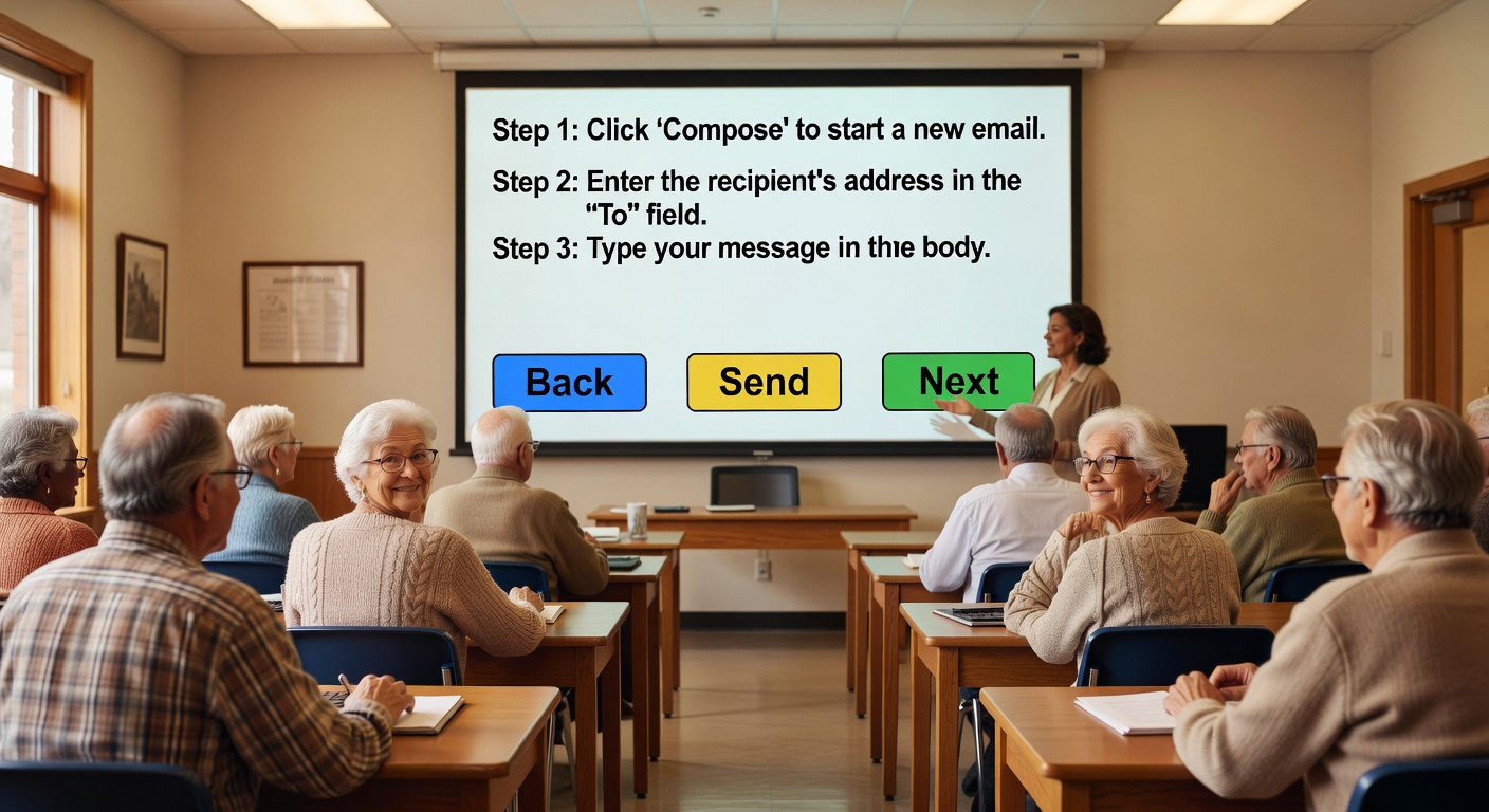 シニアグループのメール授業の様子。講師が丁寧に指導している