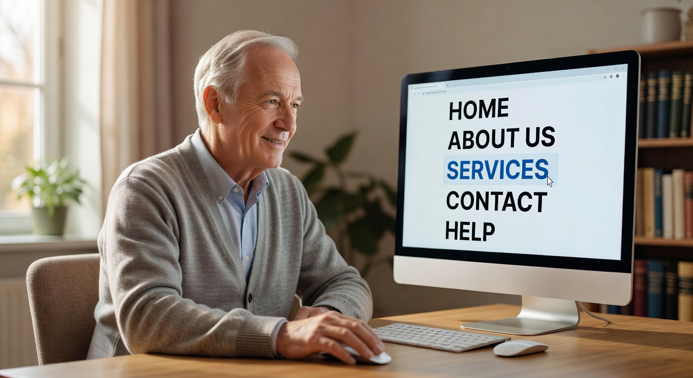 パソコンでウェブサイトのメニューを確認するシニアの方