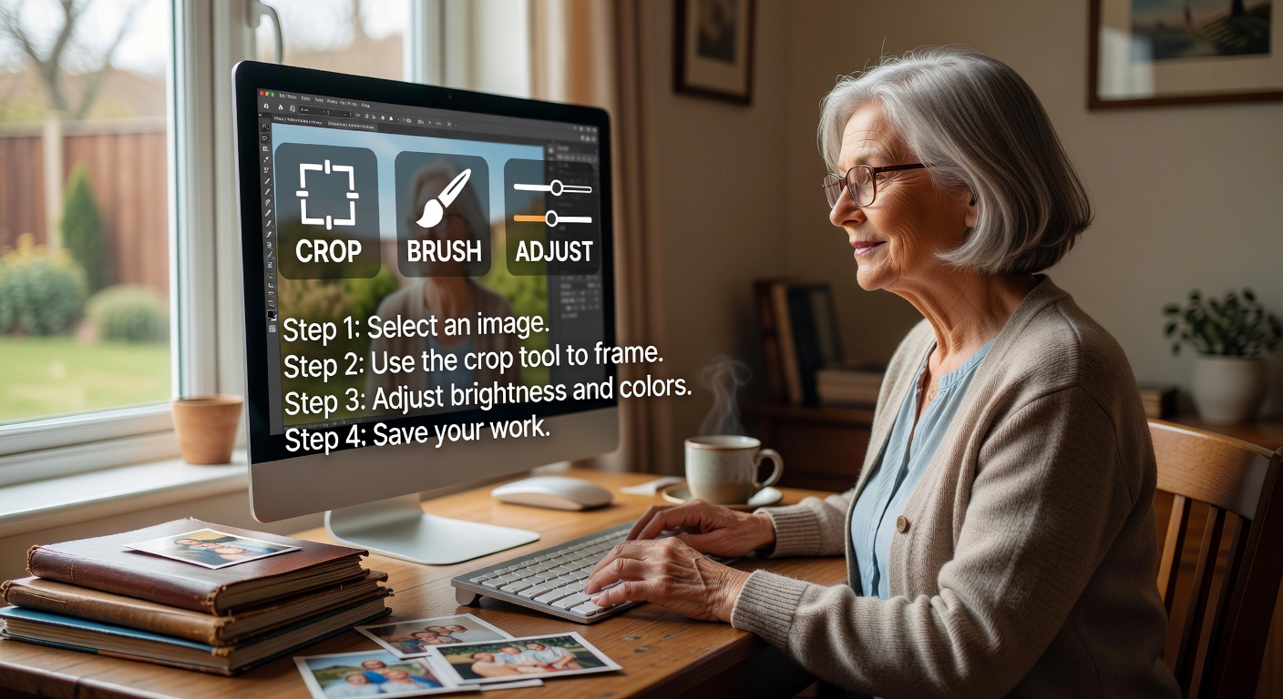 シニアが写真編集の基礎を学ぶ授業風景