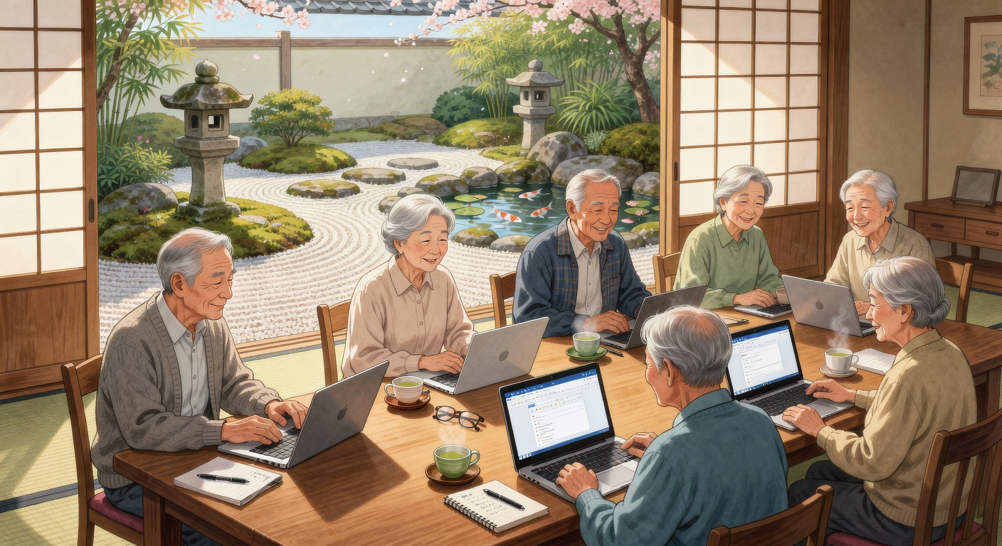 授業の休憩中に笑顔で会話するシニア受講生たち