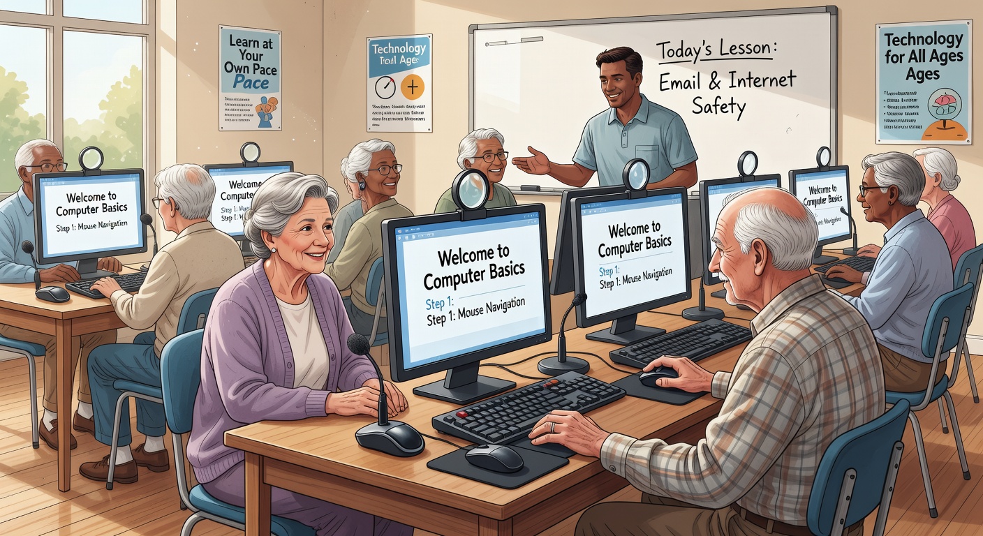 シニアが支援技術を使いながらパソコンを操作している様子